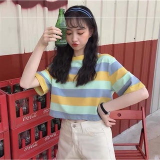 MM025 🧸 เสื้อยืดเอวลอยแขนสั้นผู้หญิงฤดูร้อนแบบใหม่ แถบสายรุ้ง