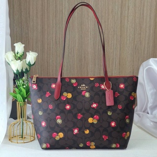 🎀 (สด-ผ่อน)  ทรงช้อปปิ้ง มีซิปบน น้ำตาลเข้มลายซี COACH C7254 ZIP TOP TOTE WITH ORNAMENT PRINT