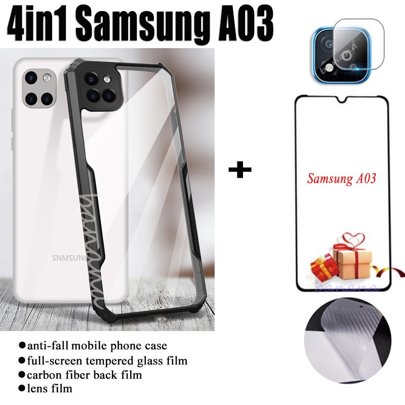 SAMSUNG A03 A 03 A0 3 เคสโทรศัพท์กันกระแทก + ฟิล์มกระจกนิรภัย + ฟิล์มหลังคาร์บอนไฟเบอร์ + ฟิล์มเลนส์