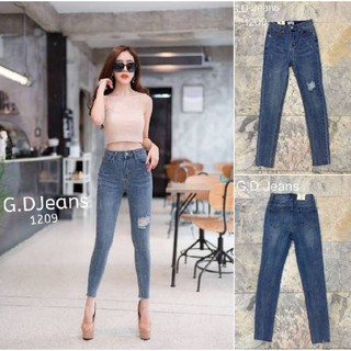 G.D.Jeans รุ่น 1209#กางเกงยีนส์ขายาวผ้ายืดทรงเดฟแต่งขาดหน้าหัวเข่าข้างแบบน่ารัก