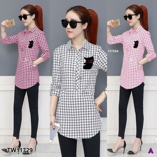 J11729 Dress เดรส ลายสก็อต ติดแมวหน้าอก