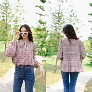 MASS Fashion : เสื้อ แขนยาว สไตล์เกาหลี Top - Brown Slimming Printed