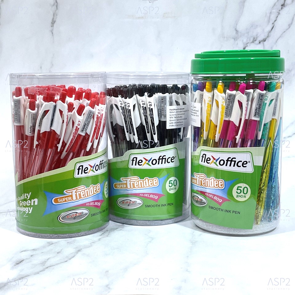 (กระปุก 50 ด้าม) ปากกาลูกลื่น Flex Office Super Trendee FO-GELB09 0.7มม. หมึกน้ำเงิน / แดง / ดำ