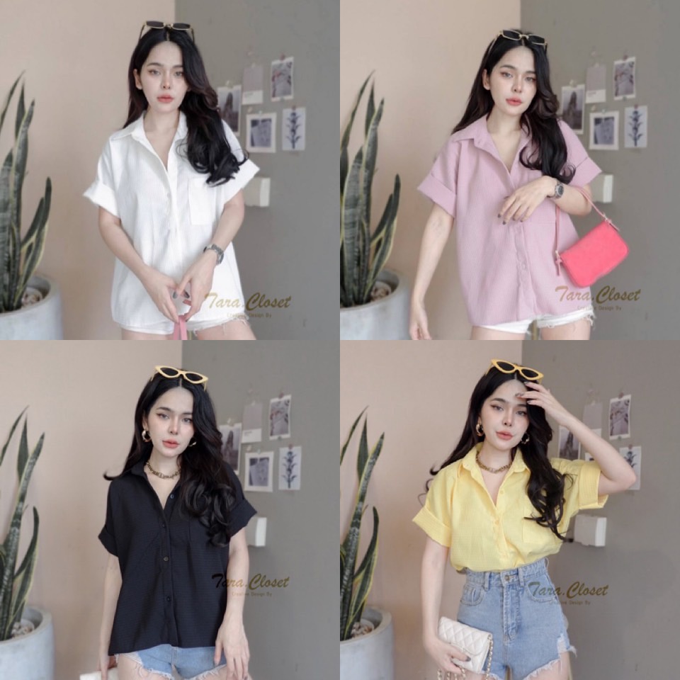 BB001 TARA Shirt เสื้อเชิ้ต แขนสั้น แขนเบิ้ล กระเป๋าหน้า สไตล์เกาหลี เนื้อผ้าวาฟเฟิล ผ้าหนา นุ่ม การันตีคุณภาพ