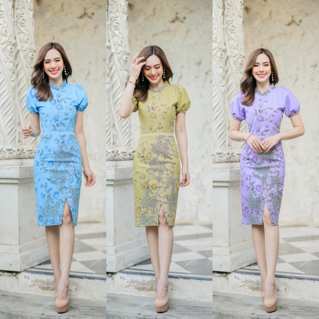 เดรสผ้าปาเต๊ะจาวา คอจีนผ่าหน้าแขนตุ๊กตา อัดกาวทั้งชุด (S-2XL) N427