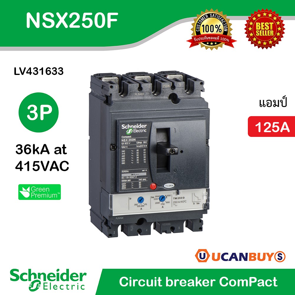 Schneider LV431633 Circuit Breaker Compact NSX250F, 36kA at 415 VAC, TMD trip unit 125A, 3 poles 3d