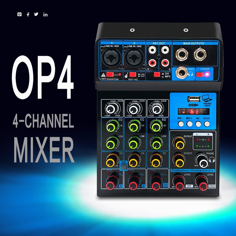OP4BLUE Audio Mixer 4 Channels Mini Musical Multifunctional PC