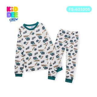 KiddeeCrew ชุดนอนครีมลายรถ กุ้นคอแขนสีเขียว ผ้าแซนวิช Cream, car pattern, green sleeves เหมาะสำหรับอายุ 1-14 ปี