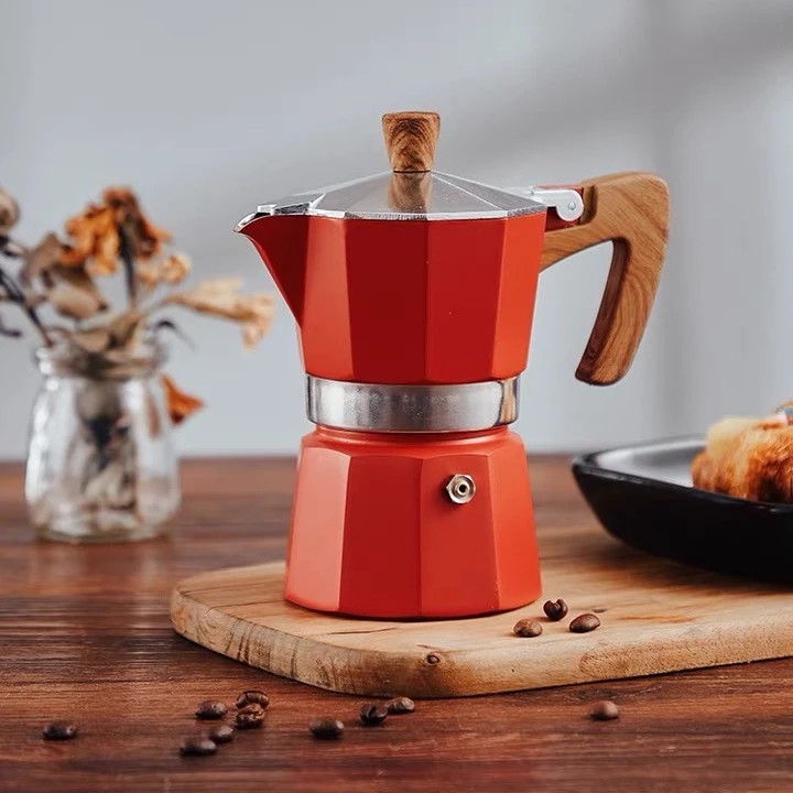 [พร้อมส่ง] Moka Pot กาต้มกาแฟสดพกพา รุ่นหนา หม้อต้มกาแฟ ทรงแปดเหลี่ยม หูจับลายไม้ มีหลายสี150/300ML thumbnail 5