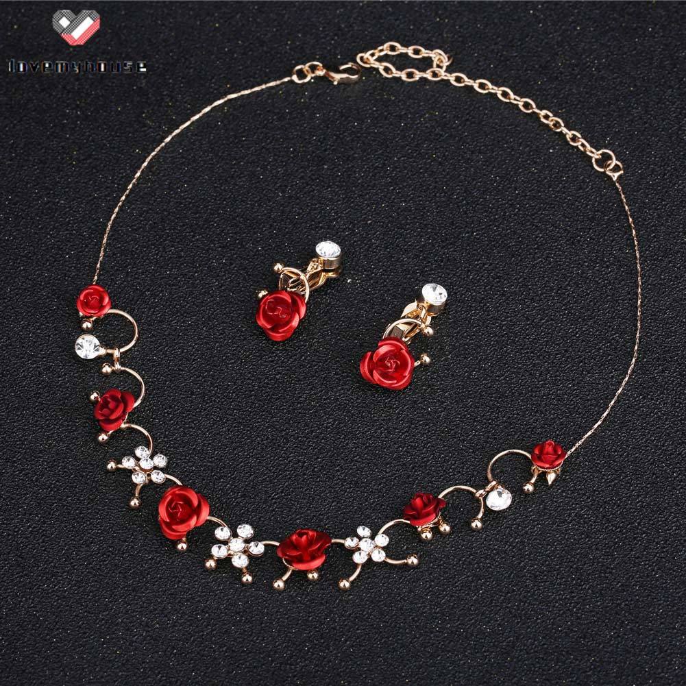 Sweet Wedding Necklace Clip Earrings Set Red Flower Decor Handmade