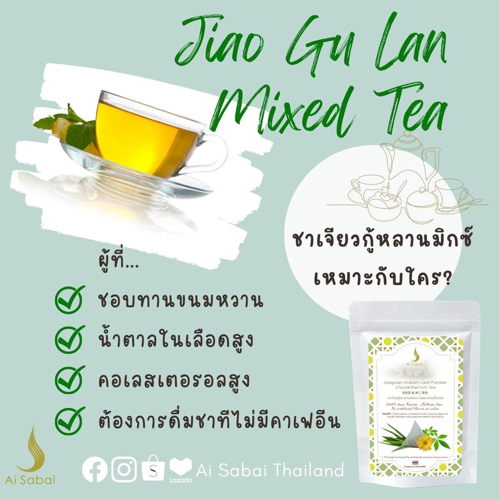 ไอย์สบาย ชาเจียวกู่หลาน ใบหม่อน ใบเตยและเก็กฮวย *ขายดี* ช่วยลดระดับคลอเลสเตอรอลในเลือด Ai Sabai Jiaogulan Mixed Tea