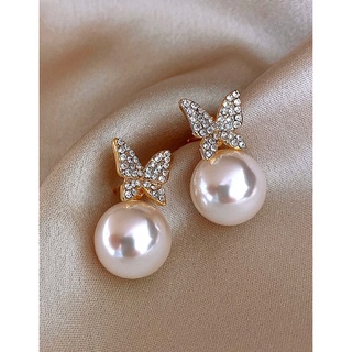 ต่างหูแฟชั่น ต่างหูมุก ผีเสื้อ สวยๆ 1pair Faux Pearl &amp; Rhinestone Butterfly Decor Earring Jackets