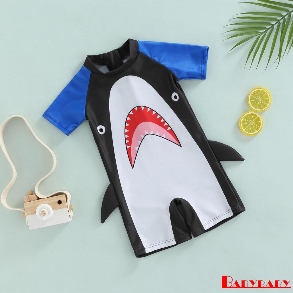 ♔YZ♡Boys Cartoon Shark Short Sleeve One-piece Swimwear,9 Months-4 Years