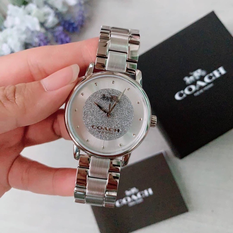 (ผ่อน0%) นาฬิกา Coach Women's Classic Silver Tone Stainless Steel Watch 14503493 หน้าปัดกลม 36 mm. สายสแตนเลส สีเงิน