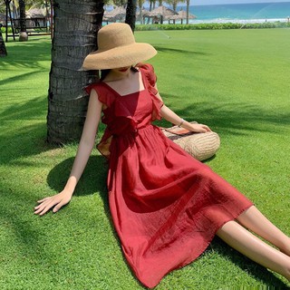 ** พร้อมส่ง ที่ไทย🇹🇭 ** Midi dress สีแดงเข้มผูกโบว์ด้านหลัง DS069