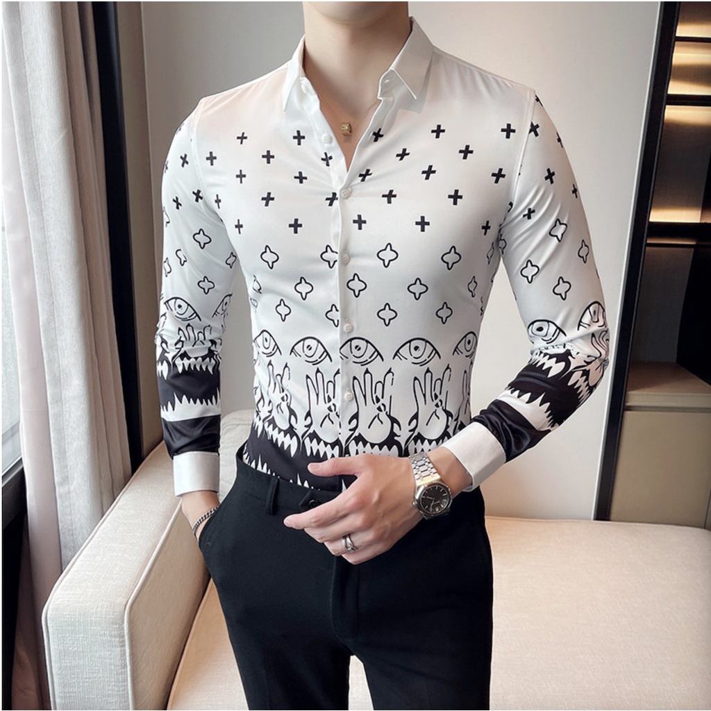 2021 new Fashion Design  British Style Retro Floral Printed Mens Long Sleeve Dress Casual Formal Shirt #4