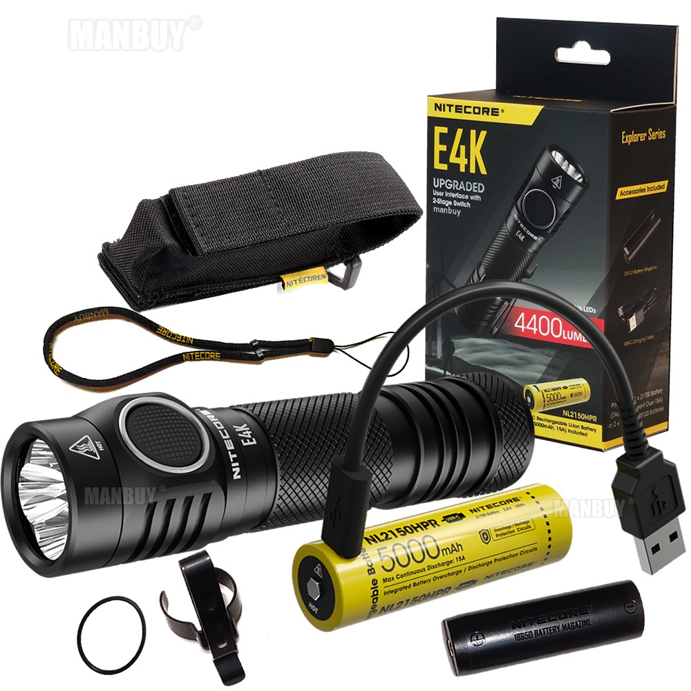 ไฟฉาย NITECORE E4K 4400 ลูเมน กับแบตเตอรี่ 21700 ประกอบด้วยหลอดไฟ CREE XP-L2 V6 4 ดวง เหมาะสำหรับการ