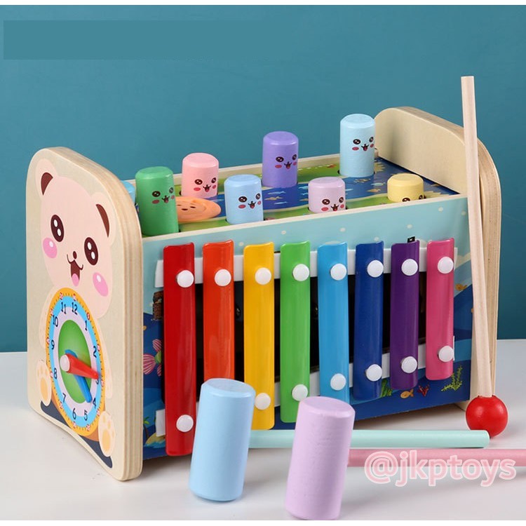 Todds & Kids Toys ของเล่นไม้เสริมพัฒนาการ 2 in 1 ทุบตุ่นผลุบโผล่ ระนาด ฟันเฟือง นาฬิกาสอนเวลา