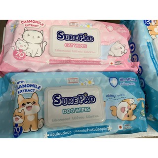 ผ้าเปียก SUREPAD Wipes（70 แผ่น）ผ้าเช็ดขนสัตว์ สำหรับสุนัขและแมว