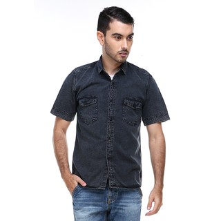 Hamlin  Dwan Casual Shirt Baju Kemeja Jeans Pria Lengan Pendek Material Denim ORIGINAL - Black