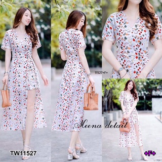 TW11527 Jumpsuit จั้มสูทขาสั้น ลายผลไม้รวม แต่งคลุมยาวเหมือนเดรส มีซิปหลัง เนื้อผ้าหางกระรอก พร้อมส่ง