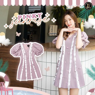 BLT BRAND การันตีเสื้อผ้าแบรนด์แท้ มินิเดรสสีม่วงแขนตุ๊กตา ระบายขาว PINKY SUNRISE