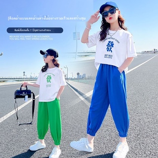 Akaki💦สาวฤดูร้อนเสื้อผ้าสุทธิชุดสีแดง 2022 ใหม่ขนาดกลางและใหญ่เด็กบางกางเกงป้องกันยุงสาวสไตล์ต่างประเทศแขนสั้น 2 ชิ้นน้