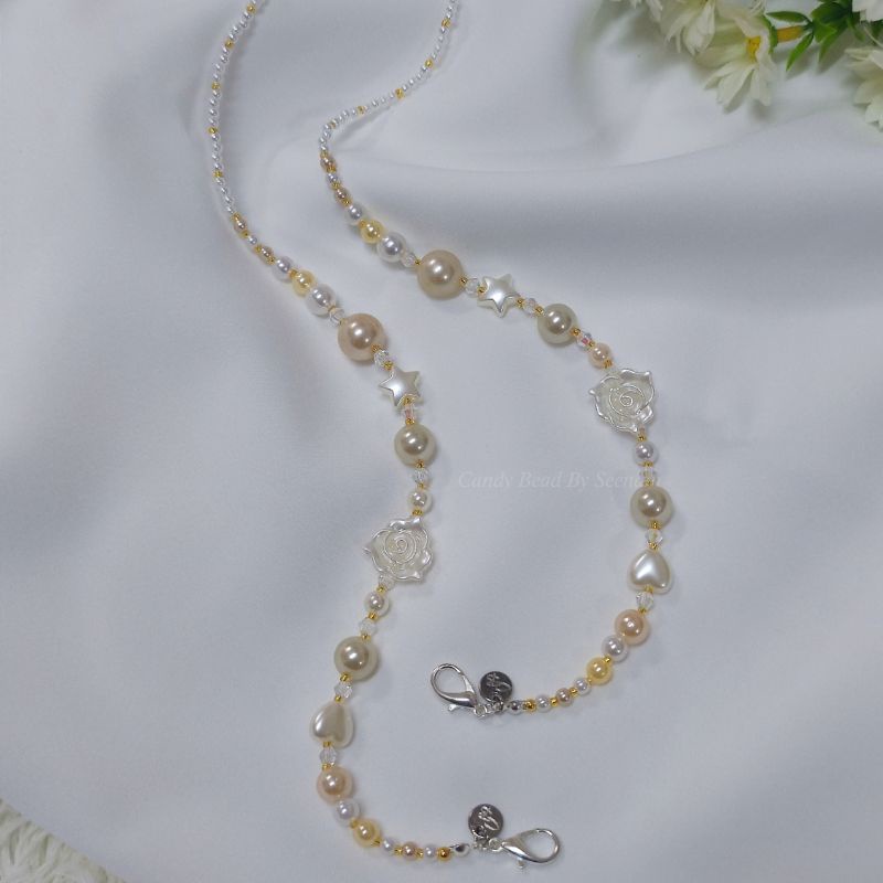 🤍สายคล้องแมสลูกปัดไข่มุกและมุกเปลือกหอย 🤍