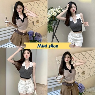 Mini shop🌸พร้อมส่ง🌸 (0236) เสื้อครอปคล้องคอไหมพรม คอปก ดีเทลลายทางน่ารักมาก -C