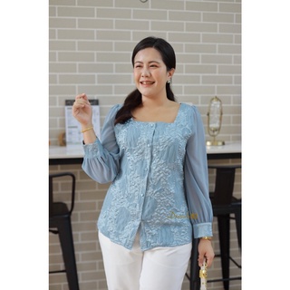 Dz081-Jacquard Blue Shirtเสื้อคอเหลี่ยมสีฟ้าอมเทา