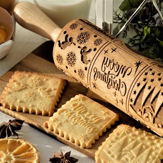 1Pcs Nativity Engraved Rolling Pin Reindeer head Embossed Dough Roller Xmas Cookie Carved Mold