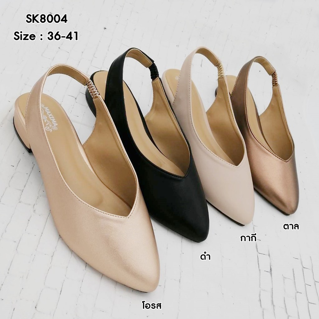 prettycomfort รองเท้าคัทชูส้นเตี้ย ทรงหัวแหลม มีสายรัดหลัง หนังนิ่ม น้ำหนักเบา SK8004
