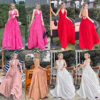 17040 แม็กซี่เดรสสายเดี่ยวคล้องคอสีพื้น One-shoulder halter maxi dress