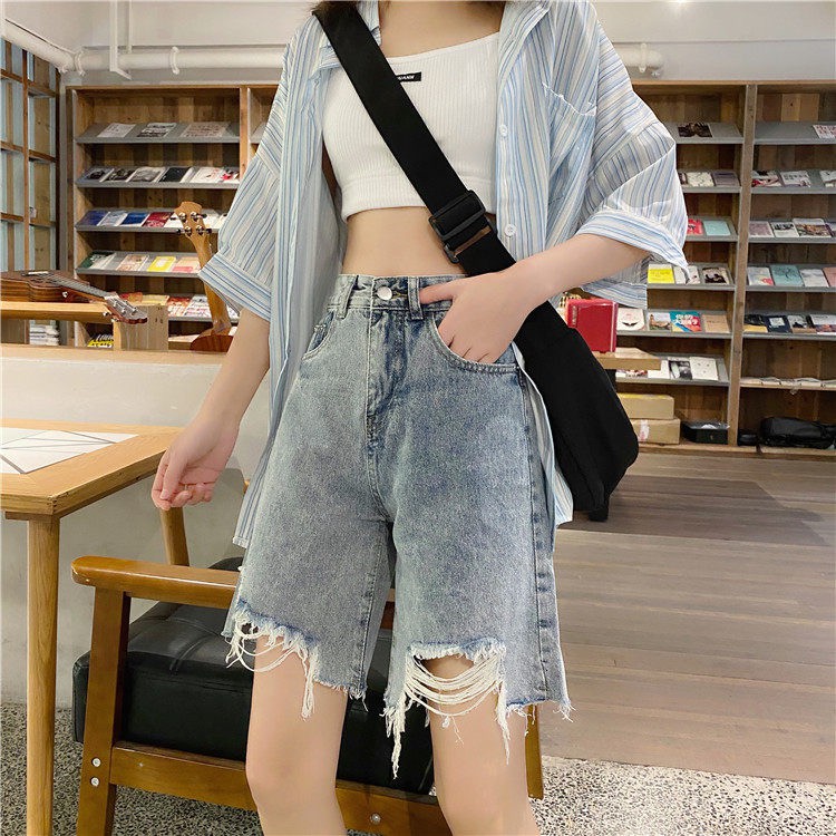 Swan shop แฟชั่นกางเกงขาห้าส่วนขาดรู้ผ้าเดนิมทรงตรงสวยเข้ารูป สไตล์เกาหลีฤดูร้อน รุ่นใหม่ - รูปที่ 6