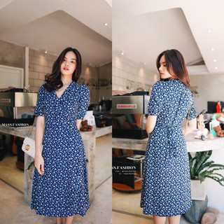 MASS Fashion : เดรสยาวทรงป้าย Dress - Sleeve Navy Bellflower