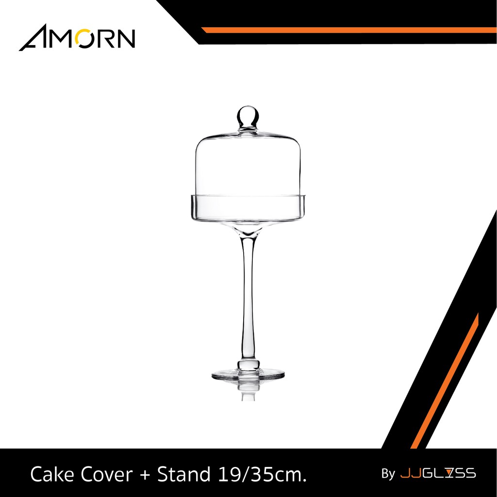 JJGLASS - ( AMORN )  Cake Cover + Stand 19/35cm. - ฝาครอบเค้ก + พานรองเค้ก แฮนด์เมด เนื้อใส