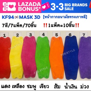 KF94[7สี7แพ็ค70ชิ้น]หน้ากากอนามัยทรงเกาหลี หน้ากากป้องกันฝุ่น แมสปิดปาก หน้ากากอานามัย3D