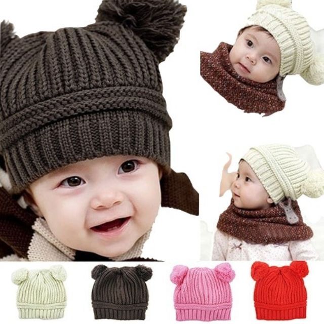 O42F หมวกเด็ก หมวกกันหนาวเด็ก ถักจากไหมพรม ปอมปอม 5สี