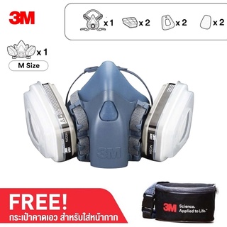 3M หน้ากากกันสารเคมี 7502 ขนาดกลาง พร้อมตลับกรอง 6001, 2ฟิลเตอร์ 5N11, 2ฝาครอบ 7 Pieces Set Including 3M 6001 Cartridge, 3M 5N11 N95 Filter, 3M 501 Filter Retainer [1 Respirator + 2 Cartridges + 2 Filters + 2 Retainers]