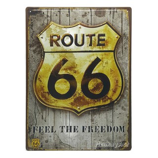 ป้ายสังกะสีวินเทจ Route 66 Feel The Freedom (ปั๊มนูน), ขนาด 30x40 ซม