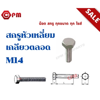 สกรูหัวเหลี่ยมเกลียวตลอดสแตนเลส304มิล M14