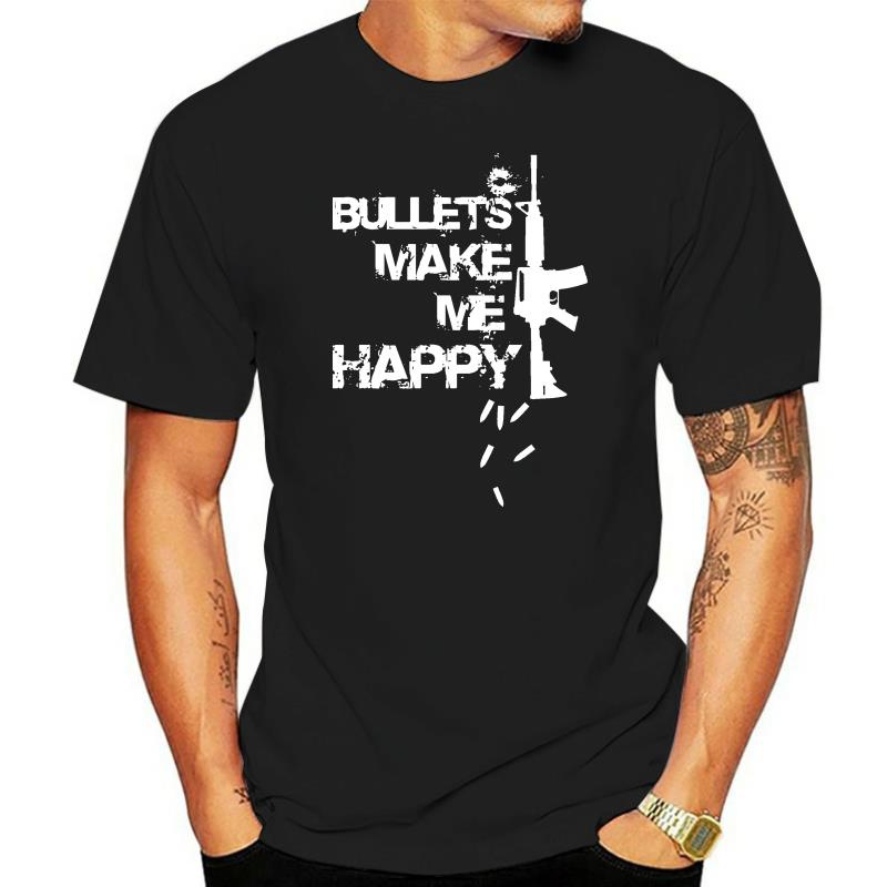 เสื้อยืดแฟชั่นสีดํา AWM Gun BULLETS MAKE ME HAPPY ผ้าฝ้าย 100% ลูกเรือคอรัสเซียแขน AK 47 เสื้อยืด Me