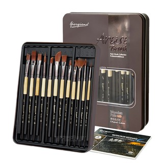 พู่กัน ชุดพู่กัน กล่องเหล็ก 12 ด้าม ใช้กับ สีน้ำ สีอะคริลิค สีโปสเตอร์  Giorgione V-12 Paint Brush Set