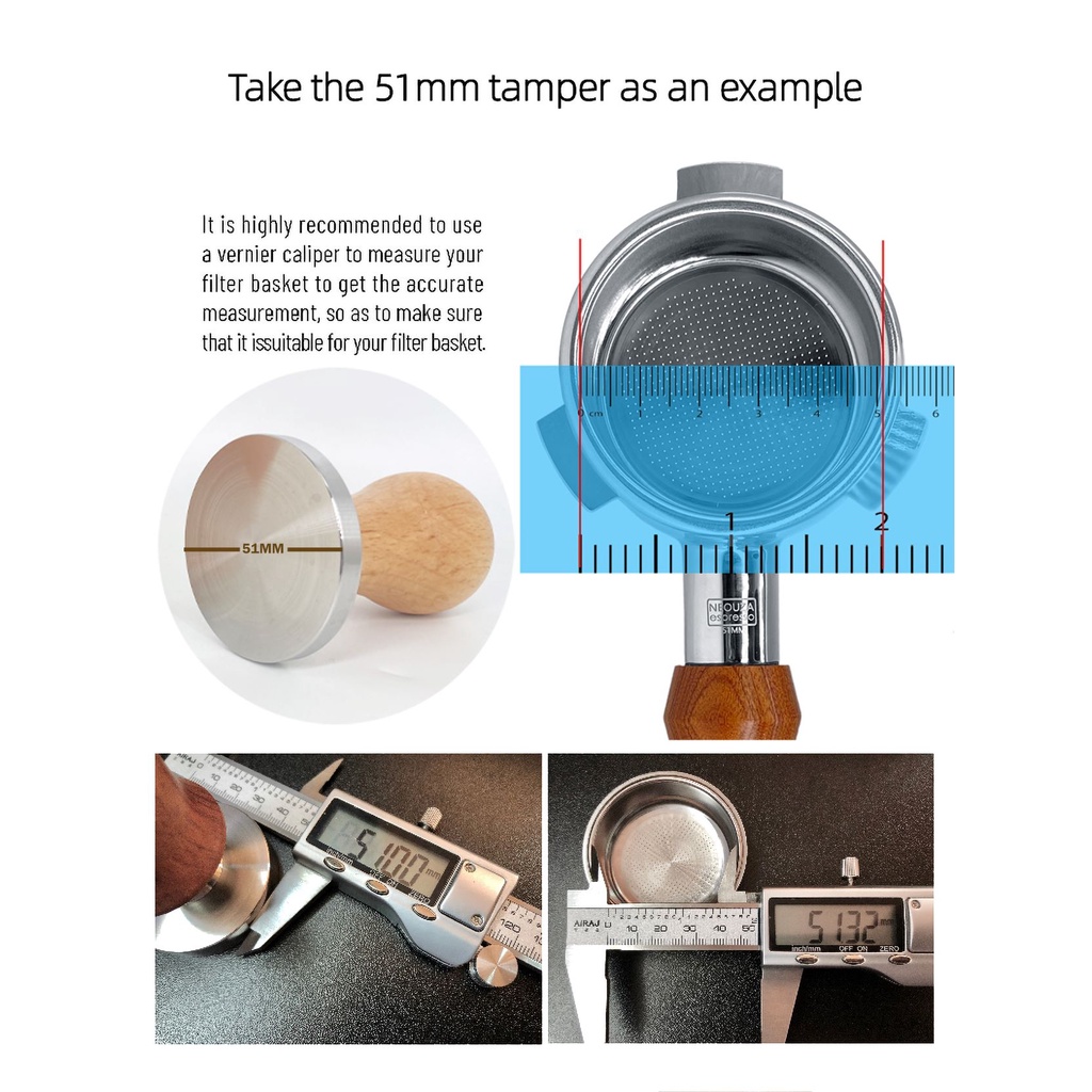 Neouza แทมเปอร์สเตนเลส 304 51 53 58 มม. ด้ามจับไม้ สําหรับบดเมล็ดกาแฟ - รูปที่ 5