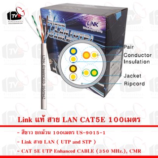 Link แท้ สาย LAN CAT 5E 350 MHz. US-9015-1 สีขาว 100เมตร