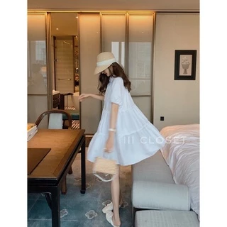 มินิเดรสสั้น lll Freesize lll ZZ001 คอปก กระดุมหน้า แขนตุ๊กตา ชุดเย็บระบายเป็นชั้นๆ เนื้อผ้าไหมอิตาลี