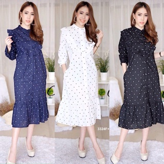 👗Pfashion [ส่งไว!!🚛] P3324 Dressทรงโอเวอร์ไซส์ Polka dot แต่งระบาย Oversized polka dot dress with fringe detai