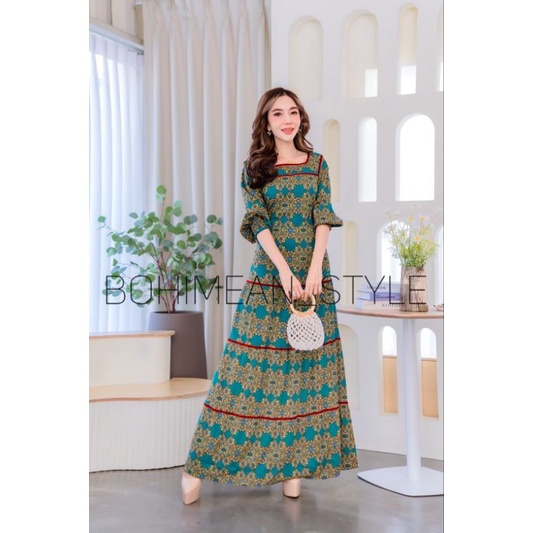 พร้อมส่ง Maxi dress Bohemian ชุดเดรสโบฮีเมียนสาวอวบผ้าพิมพ์ลายบาโลค เสื้อผ้าผู้หญิงอินเดีย ใส่เที่ยวใส่ออกงาน
