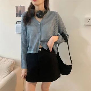 Cicishop(Y5698)เสื้อคลุมแขนยาวไหมพรม คอวี ซีทรูบางๆ ใส่สบาย