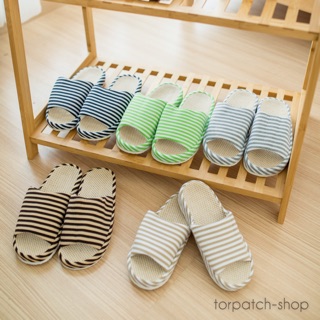 รองเท้าสลิปเปอร์ หัวเปิด ลายทาง รองเท้าใส่เดินในบ้าน slipper